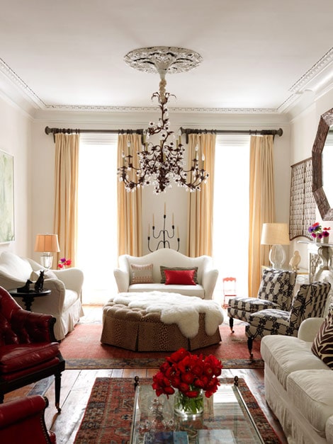 Traditional Living Room in White with Red and Black Accents
