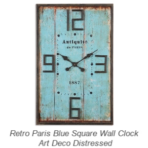 Retro Paris Blue Square Wall Clock | Art Deco Distressed