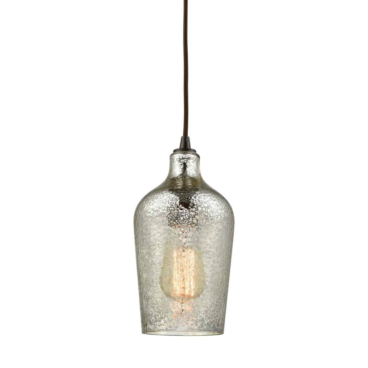 Hammered Glass 1 Light Pendant In Oil Rubbed Bronze With Hammered Mercury Glass By Elk Lighting