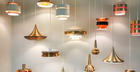 Golden-and-red-pendant-lights-hanging-from-the-ceiling